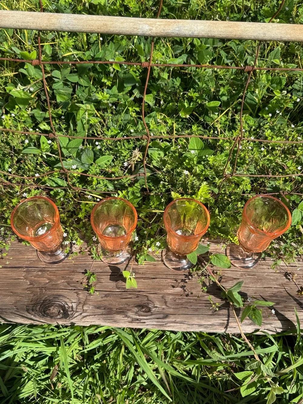 New Vintage Indiana Glass Company 4 PINK Footed Madrid Glasses Gobblet Cottage